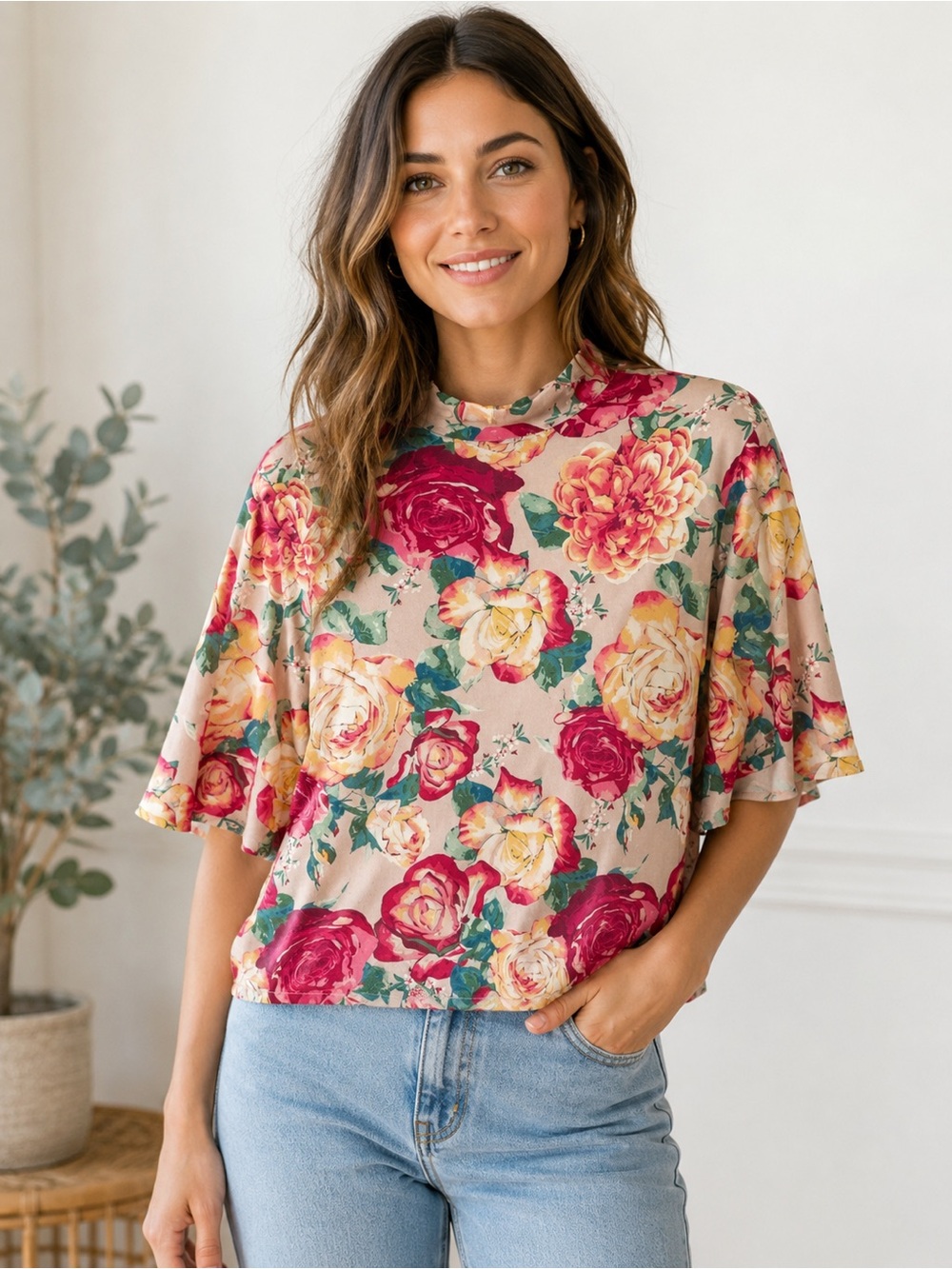 Jealous Tomato Floral Bell Sleeve Top Womens Small Pink Cream Excellent JT8697